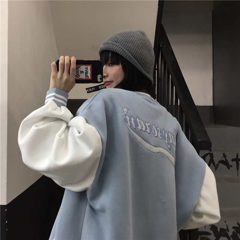 (A5000) áo khoác bóng chày ulzzang bomber M L XL hai màu xanh đen(kèm video) | BigBuy360 - bigbuy360.vn