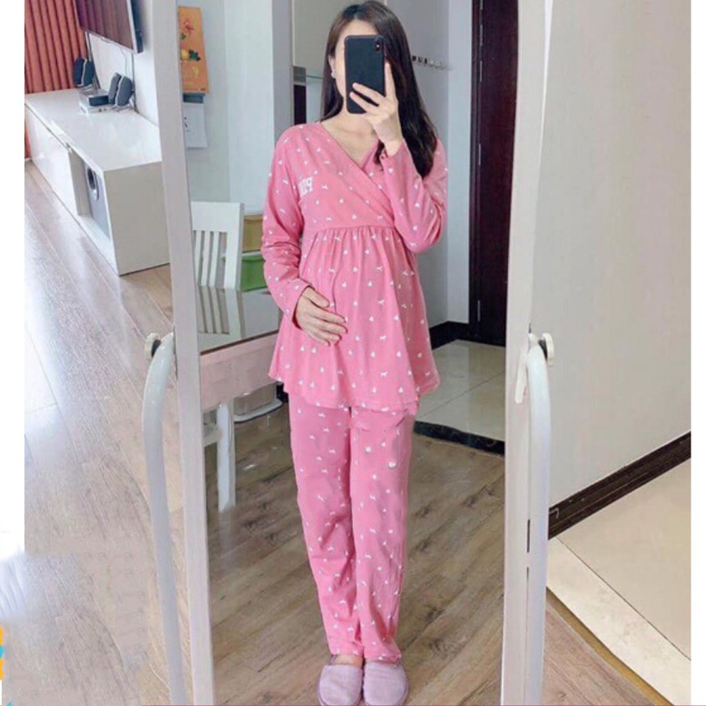 Bộ pink bầu và sau sinh vén chéo ngực cho bé bú, chất cotton cao cấp - 𝐁𝐃𝟎𝟓