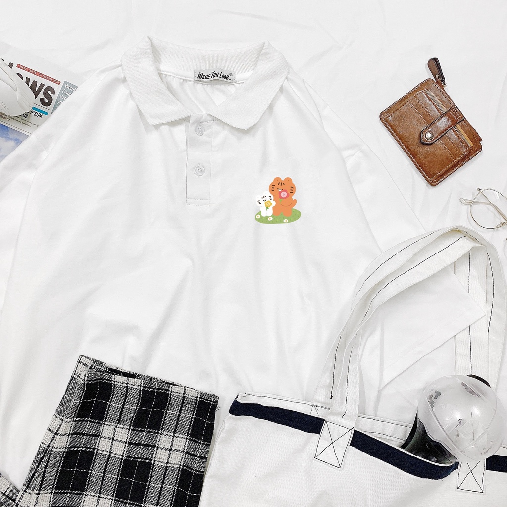 Áo Thun Polo Cổ Trụ Tay Lỡ 2 Con Hổ Hoa Unisex nam nữ form rộng pull Ulzzang Streetwear Hàn Quốc vải mềm