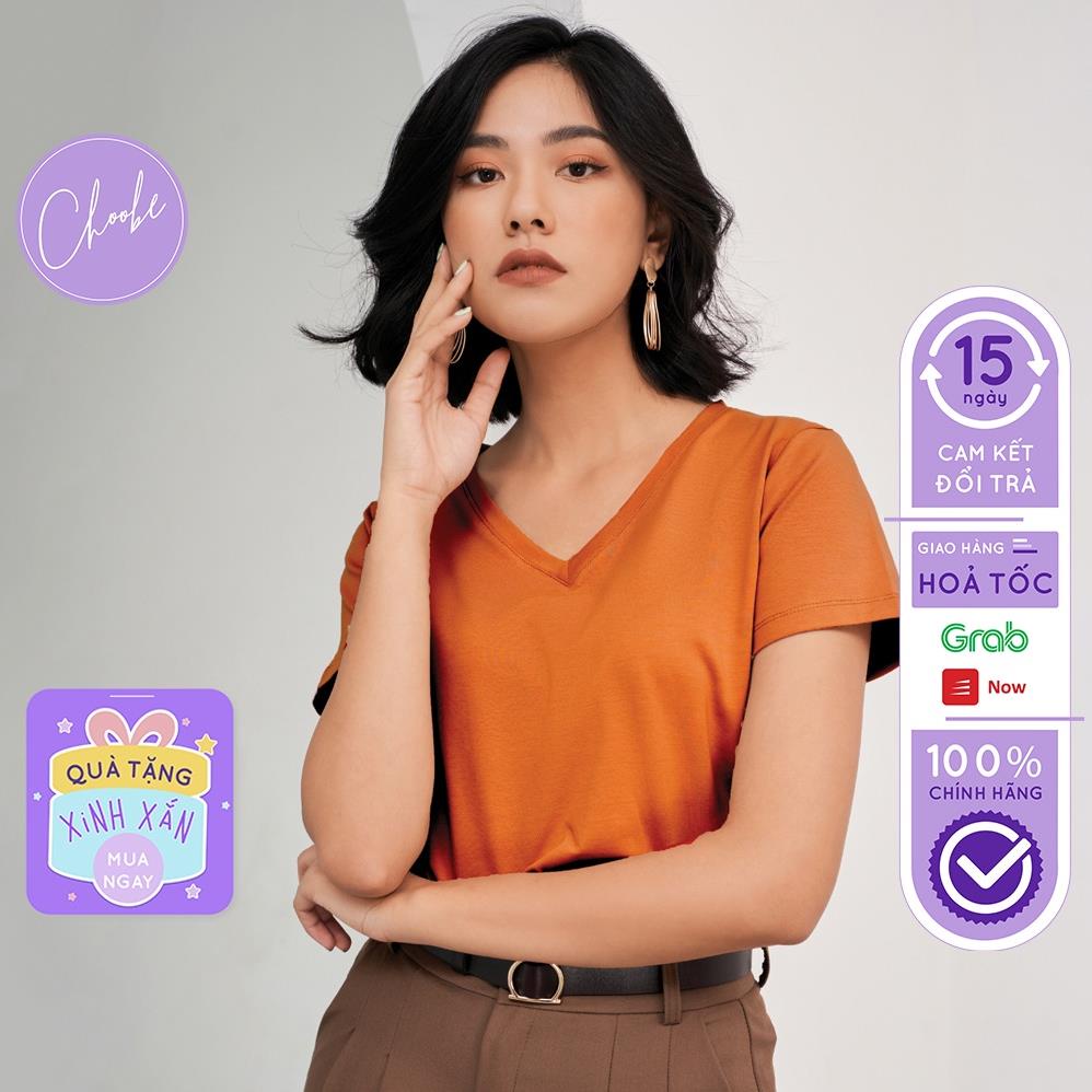 Áo phông nữ Choobe cộc tay cổ tim chữ v thun trơn form rộng co giãn màu đen trắng cam bigsize thời trang basic A18 !