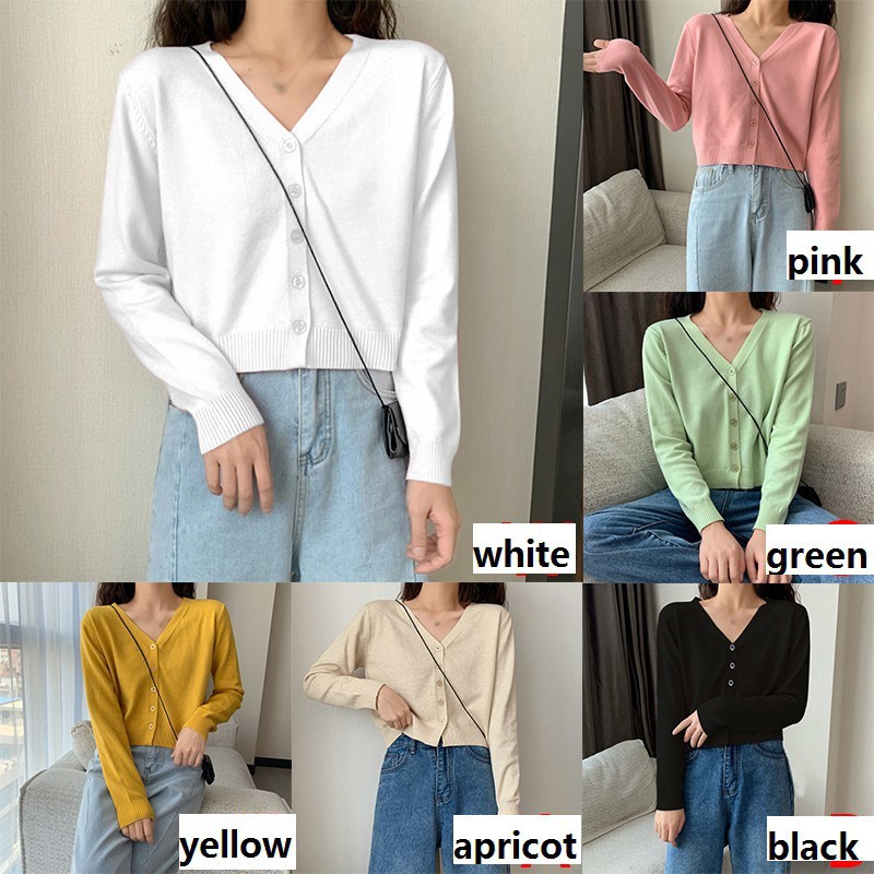 Áo Sweater Dệt Kim Tay Dài Thiết Kế Cổ Chữ V Màu Trơn Thanh Lịch