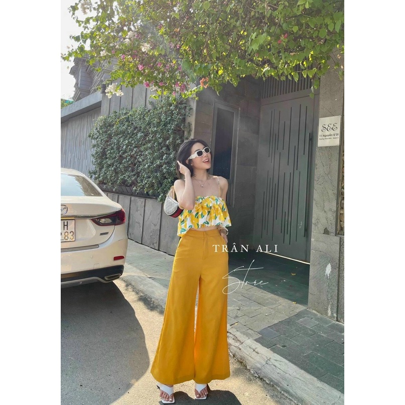 Set Bộ Áo 2S Lụa Vàng Họa Tiết Hoa Mix Quần Ống Rộng - Set Bộ Mặc Đi Chơi Dạo Phố Chanh Xả Dễ Thương