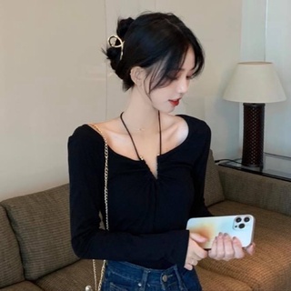 Áo kiểu tay dài hai dây yếm cổ ôm sát body trơn thun gân - Order taobao quảng châu
