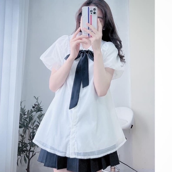 áo sơ mi nữ kiểu babydoll ren tơ phối nơ cổ form rộng dáng xòe trẻ trung