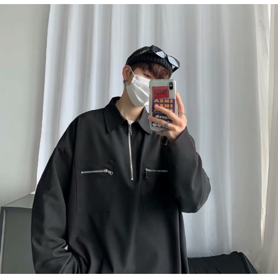 Áo Sơ Mi Cổ Polo Dáng Rộng Màu Trơn Thời Trang Hàn Quốc Cho Nam