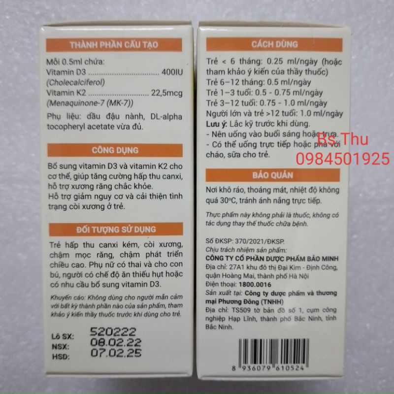 Avisure D3 - MK7 DROPS - D3MK7 20ml - Bổ sung D3 và K2 tăng hấp thu canxi, giúp trẻ ngủ ngon, cao lớn hơn date mới