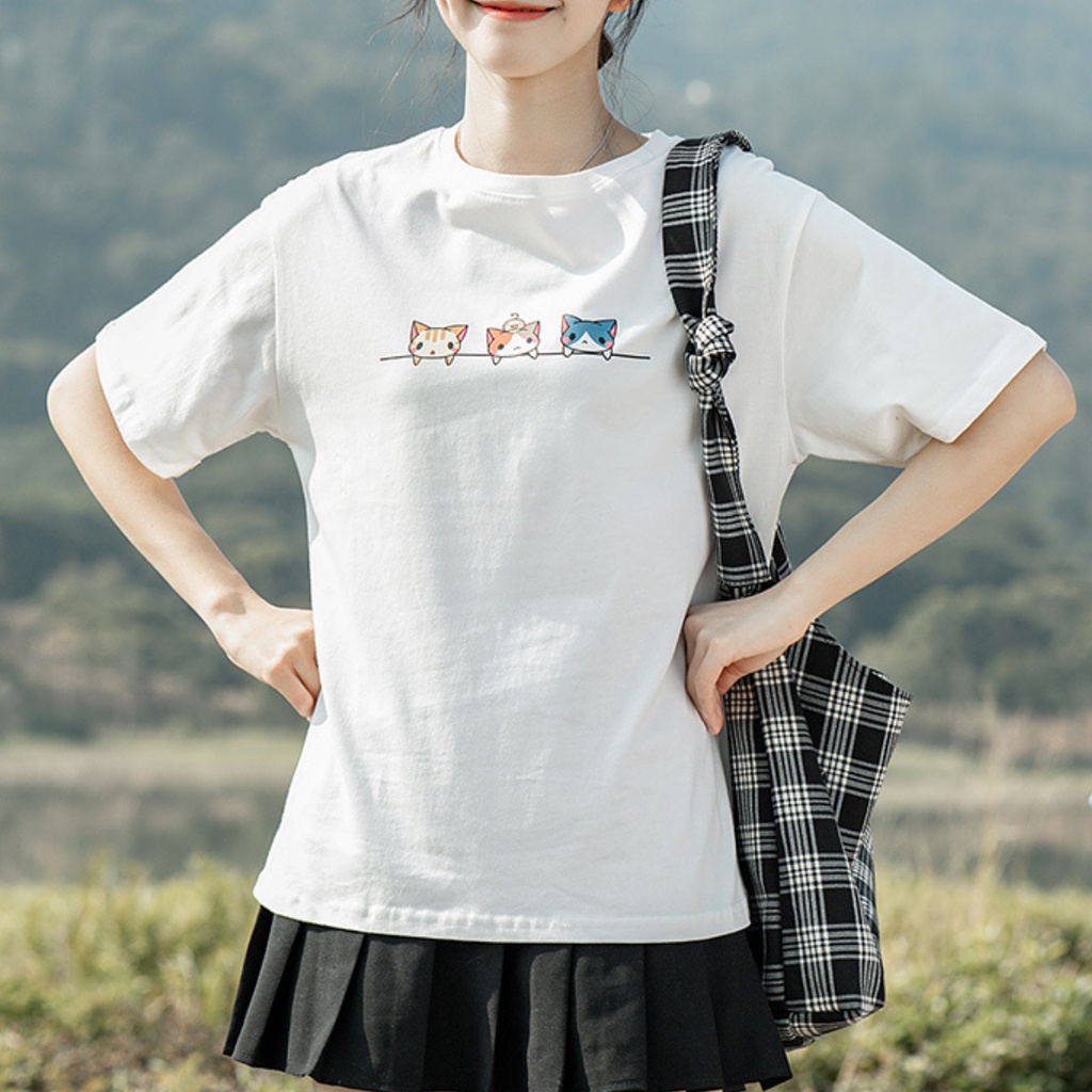 Áo thun nữ KENA form áo đơn giản hình in mèo ngộ nghĩnh vải cotton mềm mát - KAT-107