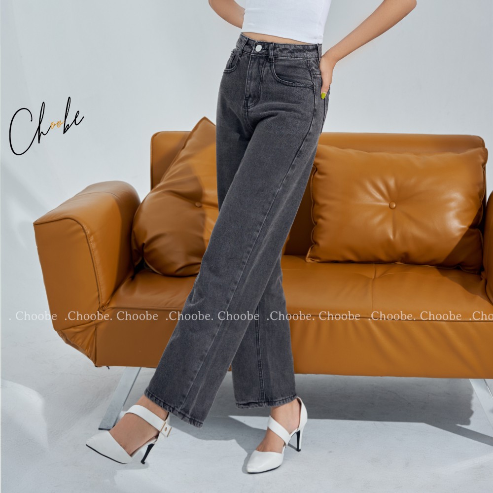 Quần jean nữ Choobe ống rộng lưng cao bò suông đen vải dày dặn cao cấp phong cách thời trang Hàn Quốc QJ09