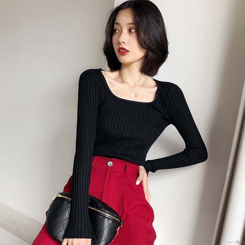 Áo dệt kim tay dài cổ vuông màu trơn kiểu dáng thời trang phong cách Hàn Quốc