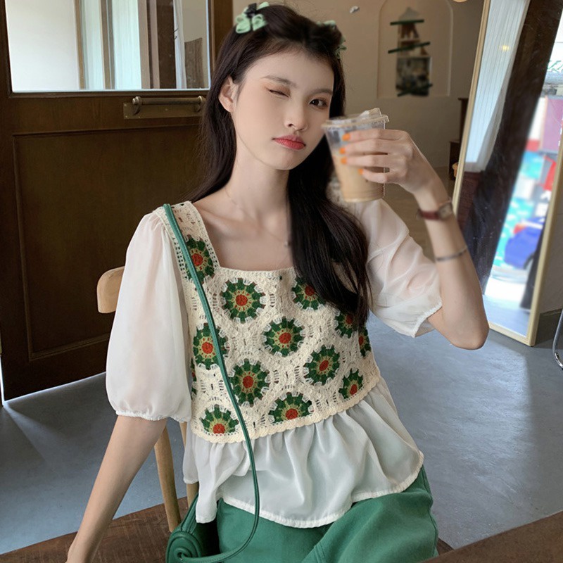 Áo Chiffon Cổ Vuông Đục Lỗ Phong Cách Retro Ngọt Ngào Cho Nữ