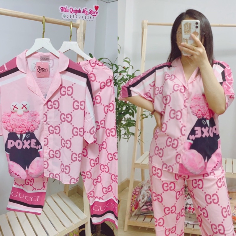 Bộ Pijama Nữ Cánh Dơi Quần Dài Lụa Mango Loại 1 Hoạ Tiết Gucci