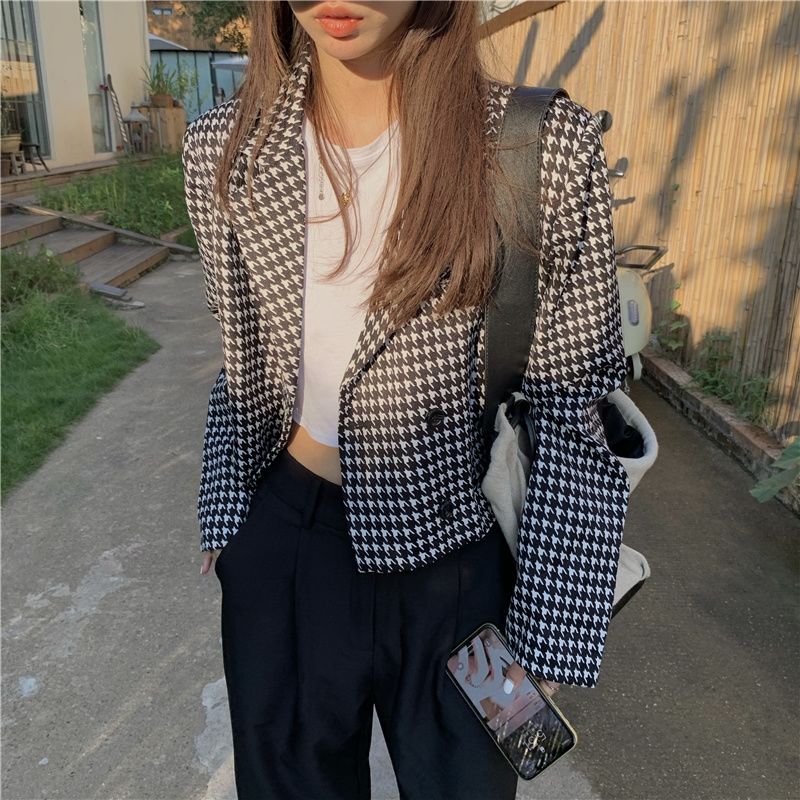 IMAODOU Women's suit jacket Korean version of the houndstooth design niche small fragrance style is thin temperament autumn small suit short style