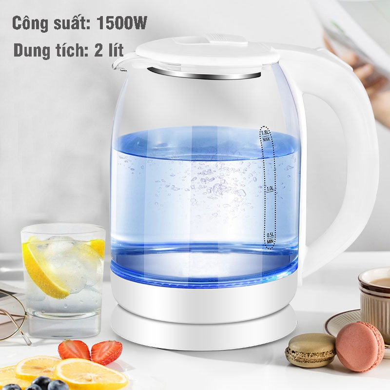 Ấm Siêu Tốc Thủy Tinh - Ấm Đun Nước Thủy Tinh Công Suất Lớn 1500W Dung Tích 1.8 Lít HB88