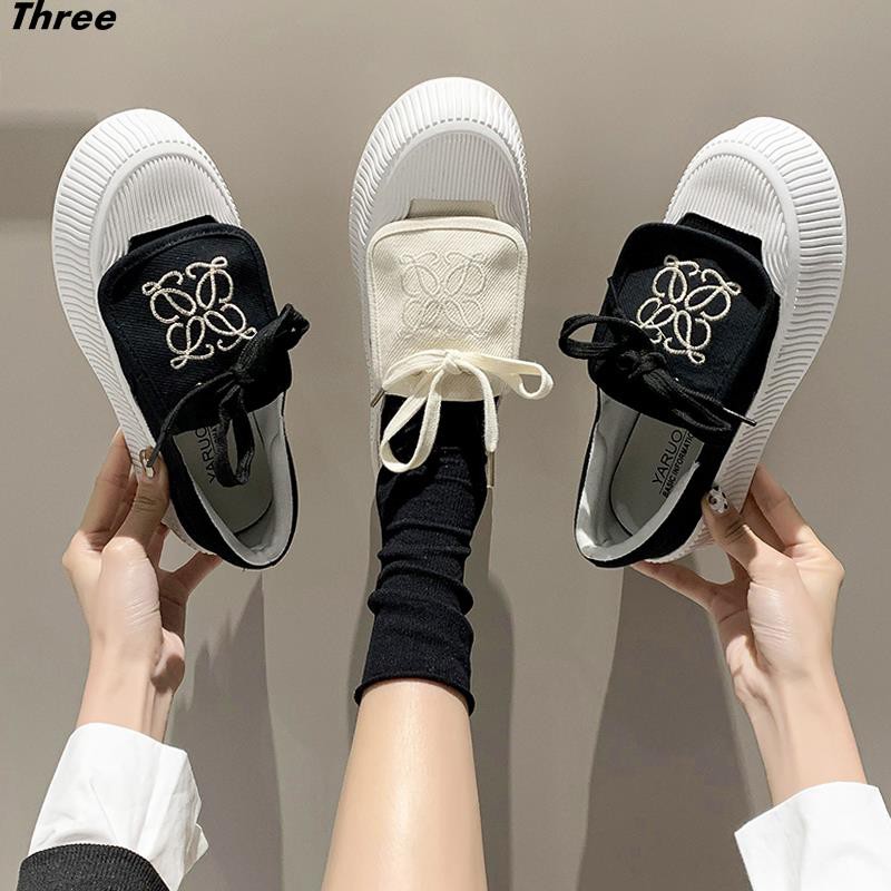 Women's shoes, single shoes, biscuit shoes, women's thick-soled color-blocking casual canvas shoes, women's Korean style flap embroidery