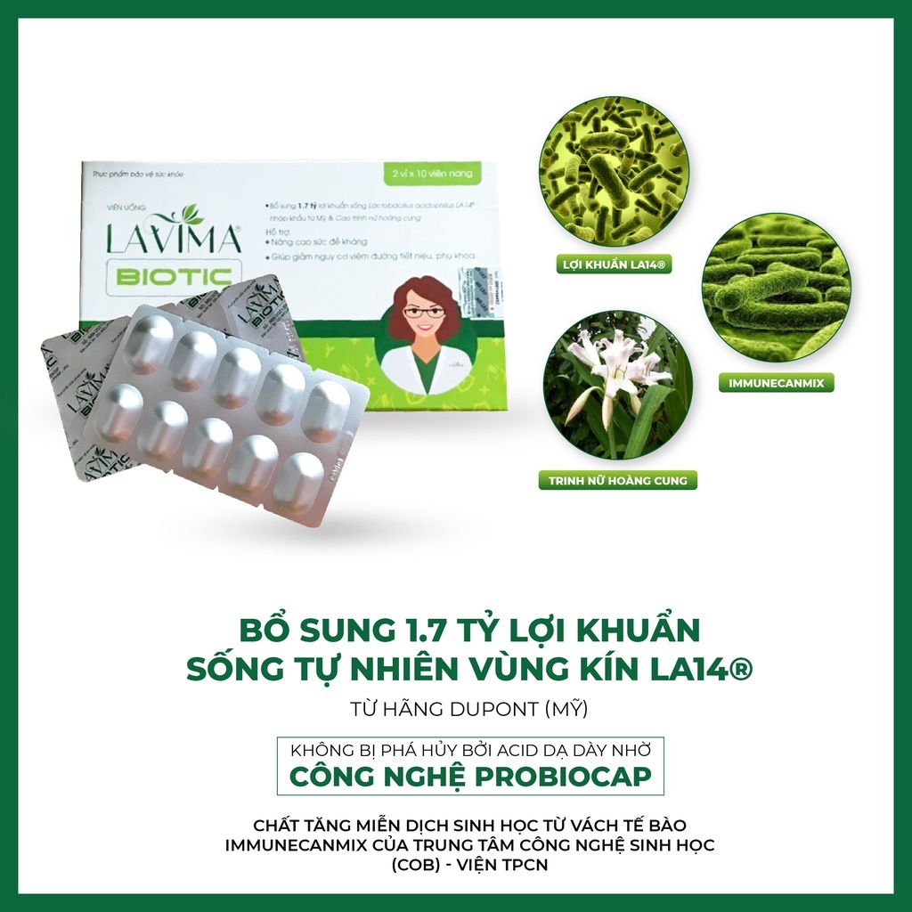 Combo 3 Hộp Viên Uống Phụ Khoa, Men Vi Sinh Vùng Kín LAVIMA BIOTIC 20 Viên, Giảm Khí Hư, Ngứa Rát, Ngăn Ngừa Tái Phát