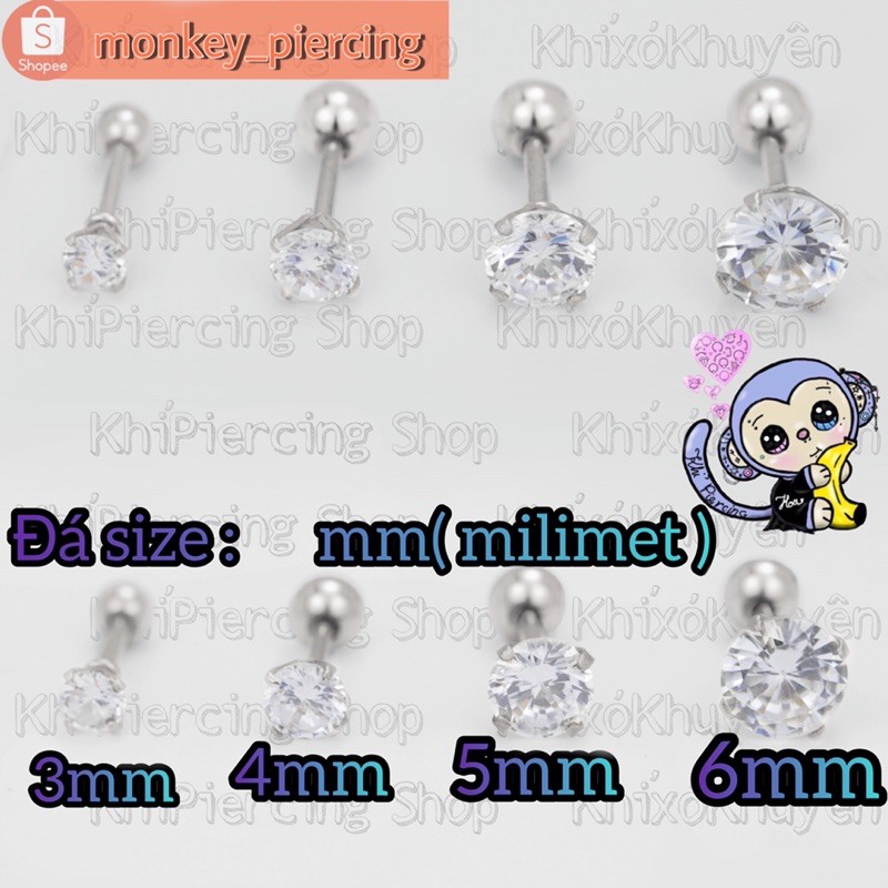 1 chiếc khuyên tai gắn đá  chất liệu cao cấp không gỉ sét bay màu - Khỉ Xỏ Khuyên - Piercing