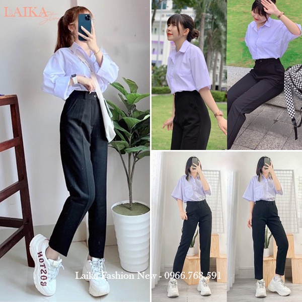 Quần Tây Baggy Đi Học Nữ Lưng Cao Cạp Có Đai Màu Xanh Đen Dáng Dài - Quần Baggy Vải Học Sinh Dày Co Giãn Nhẹ Mặc Đi Học