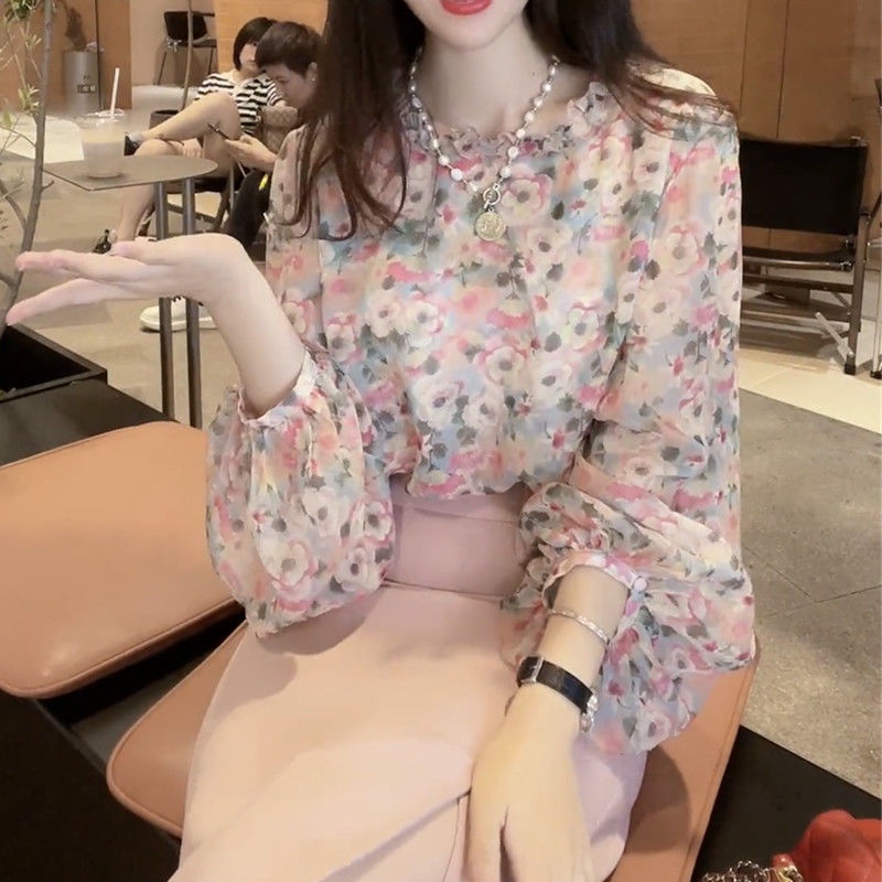 Áo Sơ Mi Chiffon Tay Dài Cổ Tròn In Họa Tiết Hoa Phong Cách Châu Âu Thời Trang Cho Nữ