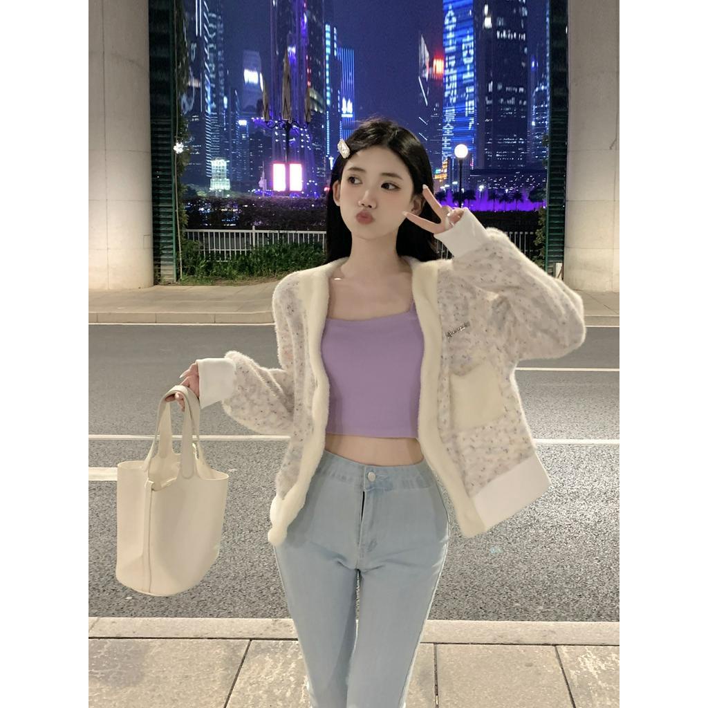 Áo Khoác cardigan Dáng Ngắn Form Ôm Họa Tiết Chấm Bi Màu Cầu Vồng Ngọt Ngào