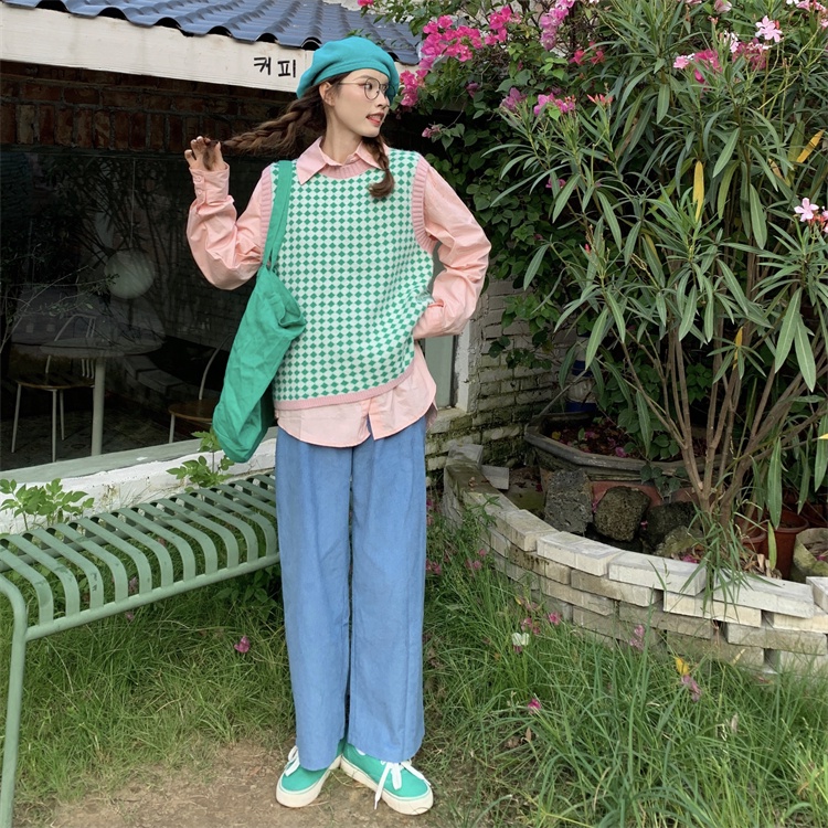 Áo len không tay họa tiết sọc caro phong cách Hàn quốc