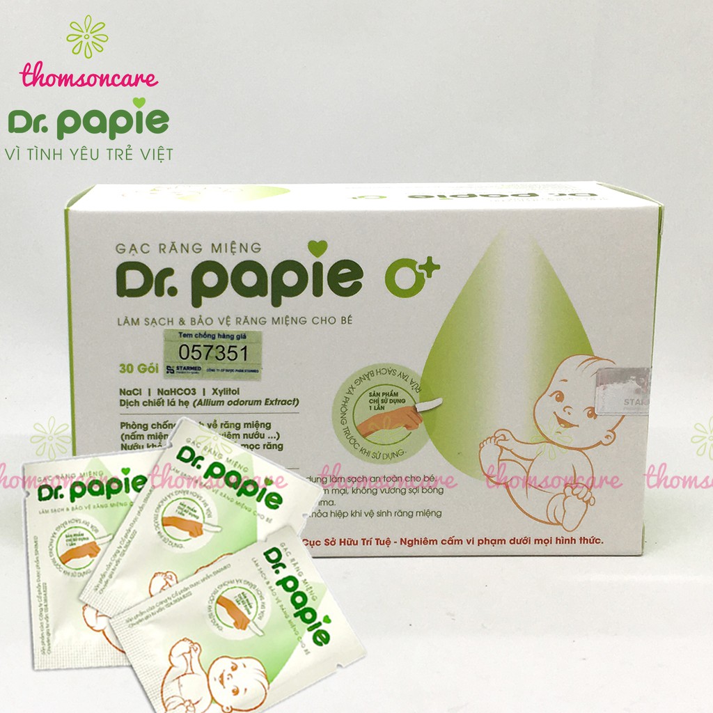 Gạc rơ lưỡi cho bé Dr Papie - gạc lau răng, rơ miệng cho bé - Hộp 30 gói