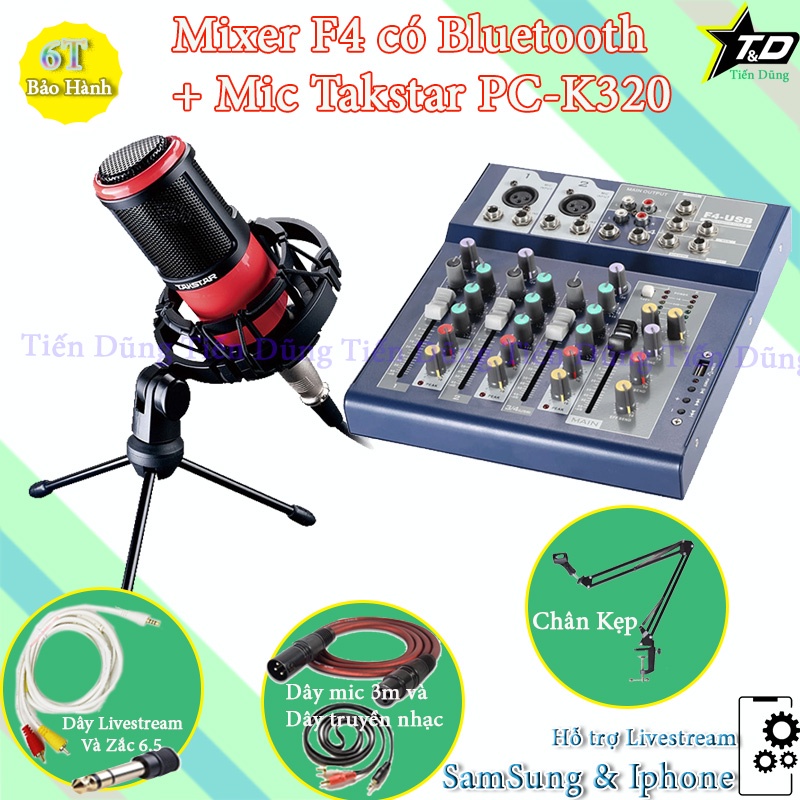 Combo mic thu âm Takstar PC K320 với Mixer F4 có bluetooth chân kẹp dây mic 3m dây livestream chế zắc 6.5
