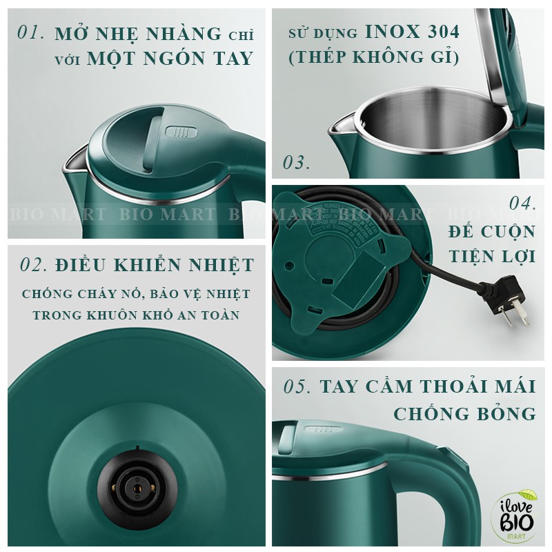 Ấm Siêu Tốc 2 Lớp 1.8 Lít Chống Nóng Chống Giật - Ấm Đun Nước Tự Ngắt Khi Đun Sôi Có Chế Giữ Nhiệt – BIO168