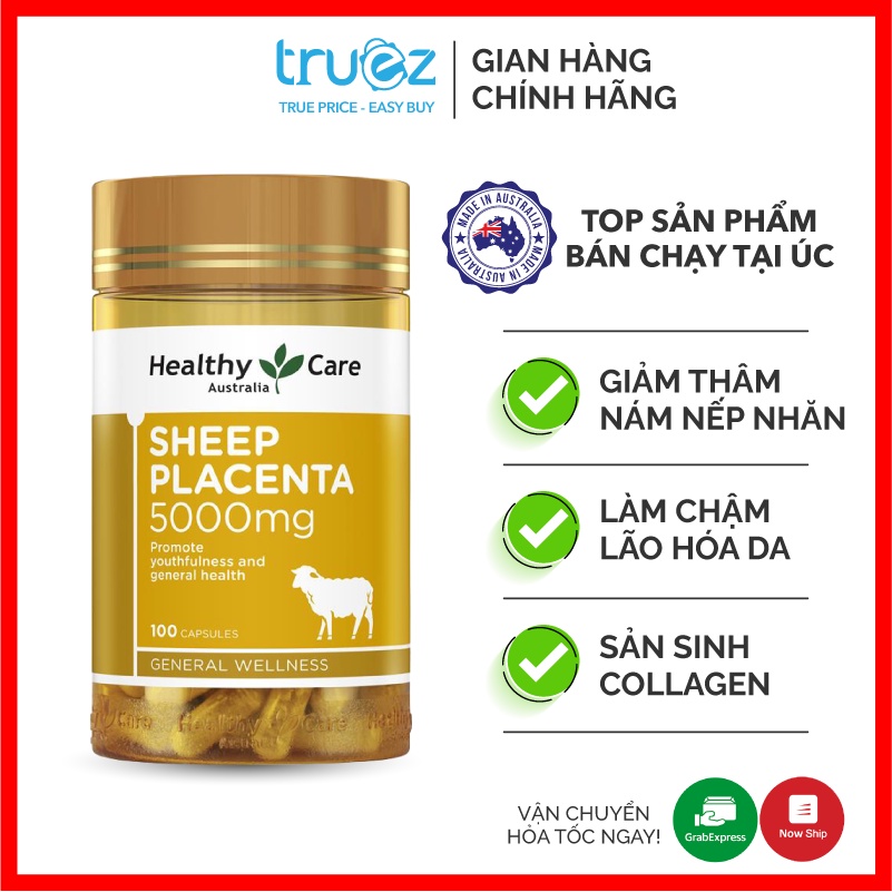 Nhau thai cừu Healthy Care đẹp da, giảm nếp nhăn [Úc] Healthy Care Sheep Placenta 5000mg [Chính hãng]