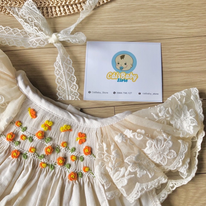 Váy Đầm Smock Cánh Tiên Phối Ren Họa Tiết Thêu Tay Dễ Thương cho bé Gái Caibaby_Store gì