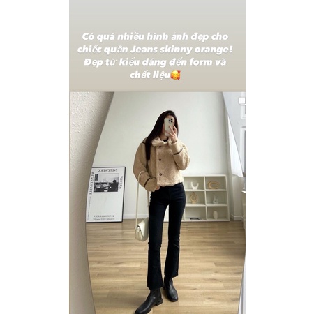 Quần jeans đen skinny cắt gấu orange + áo len hở 2 bên vai