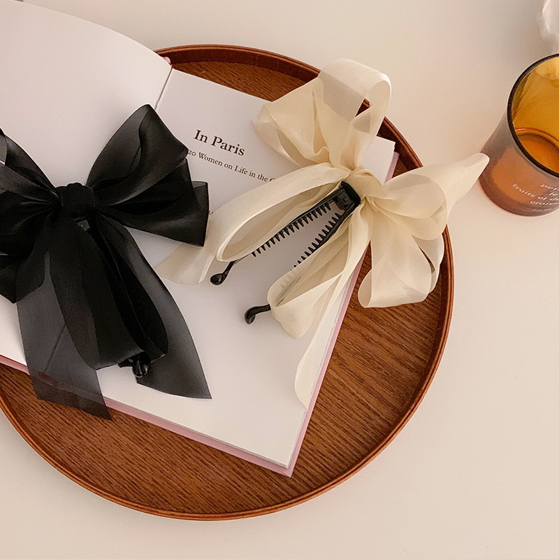 Kẹp Tóc Nơ Vải Chiffon Phối Lưới Cố Định Tóc Đuôi Ngựa Cho Nữ