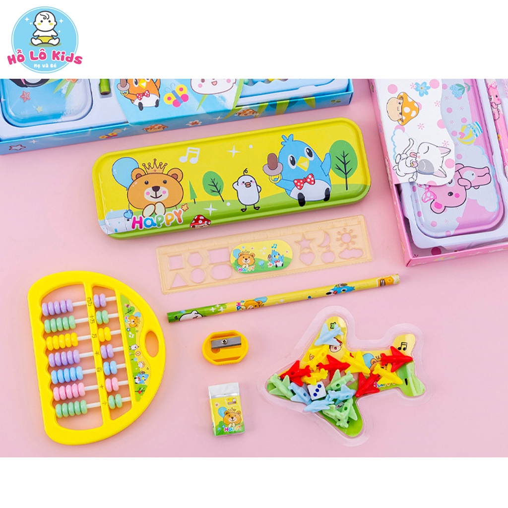 Bộ dụng cụ học tập 8 chi tiết hộp bút, bàn tính, thước kẻ, tẩy, bút chì dễ thương Hồ Lô Kids