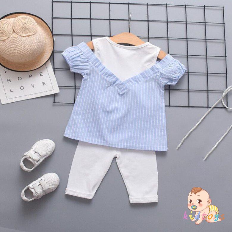 Set Áo Thun Tay Ngắn In Hình Thỏ &amp; Quần Short Kẻ Sọc Cho Bé Gái