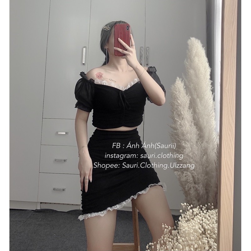 SẴNSet ulzzang áo croptop trễ vai viền ren tiểu thư xinh xắn dạo phố+Chân váy ôm body rúm sang chảnh quyến rũ sexy