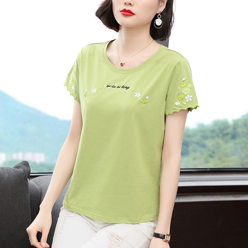 Áo Thun cotton Cổ Tròn Dáng Rộng Thêu Họa Tiết Đơn Giản Thời Trang Mùa Hè Cho Nữ Trung Niên