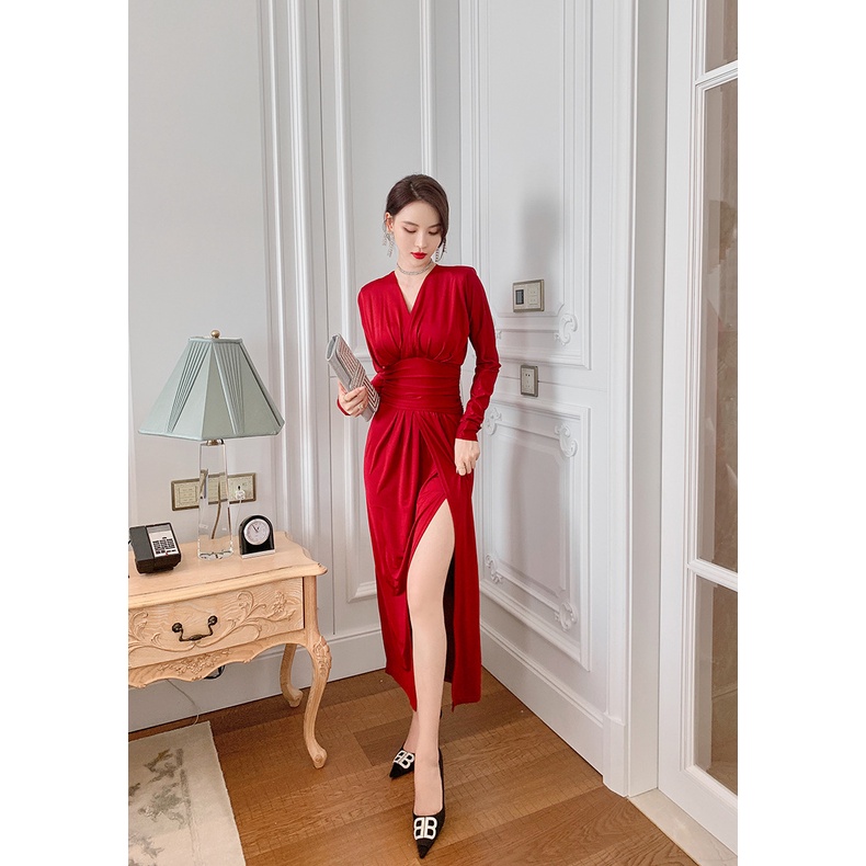 ZYHT Đầm Dài Tay Cổ Chữ V Màu Trơn Thời Trang Mùa Hè Cho Nữ váy dạ hội 5230