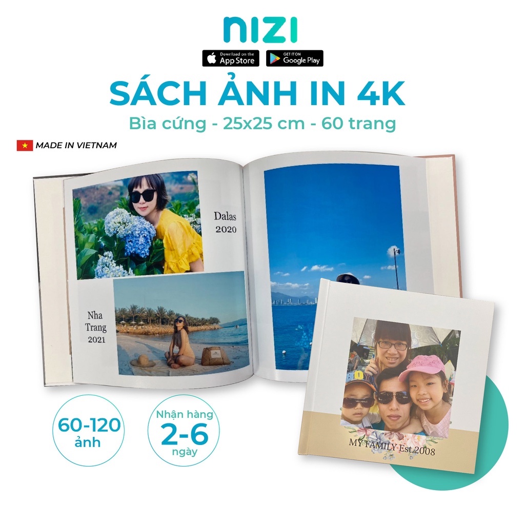[E-voucher] In sách ảnh theo yêu cầu bìa cứng 60 trang 25 x 25cm - In 4K siêu nét trên app NIZI