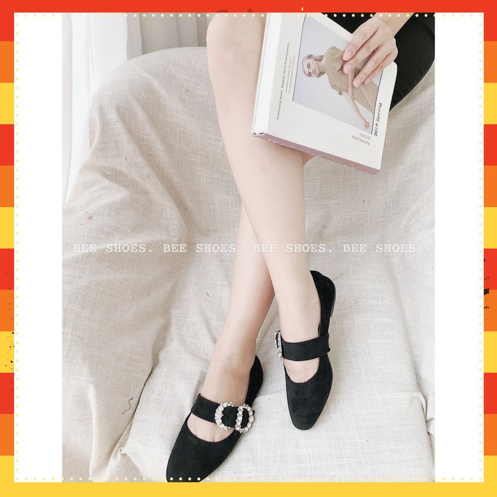 BEESHOES - GIÀY BÚP BÊ  CHẤT DA LỘN SIÊU ÊM SIÊU MỀM- GIẦY BÚP BÊ NỮ CHẤT NHUNG MŨI TRÒN QUAI NGANG ĐEN 8070