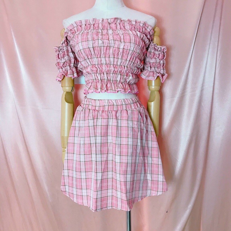 ẢNH THẬT TRẢI SÀN - SET ÁO BẸT VAI NHÚN + CHÂN VÁY CARO HỒNG