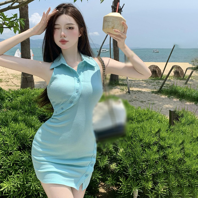 Đầm Không Tay Cài Nút Cổ Bẻ Màu Sắc Trơn Phong Cách Hàn Quốc Dành Cho Nữ
