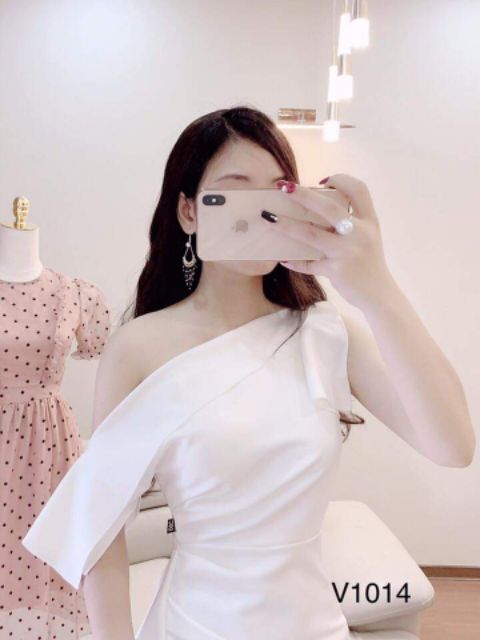 Váy trắng body lệch vai V1014-DVC- Huyền Anh shop- siêu rẻ- siêu chất
