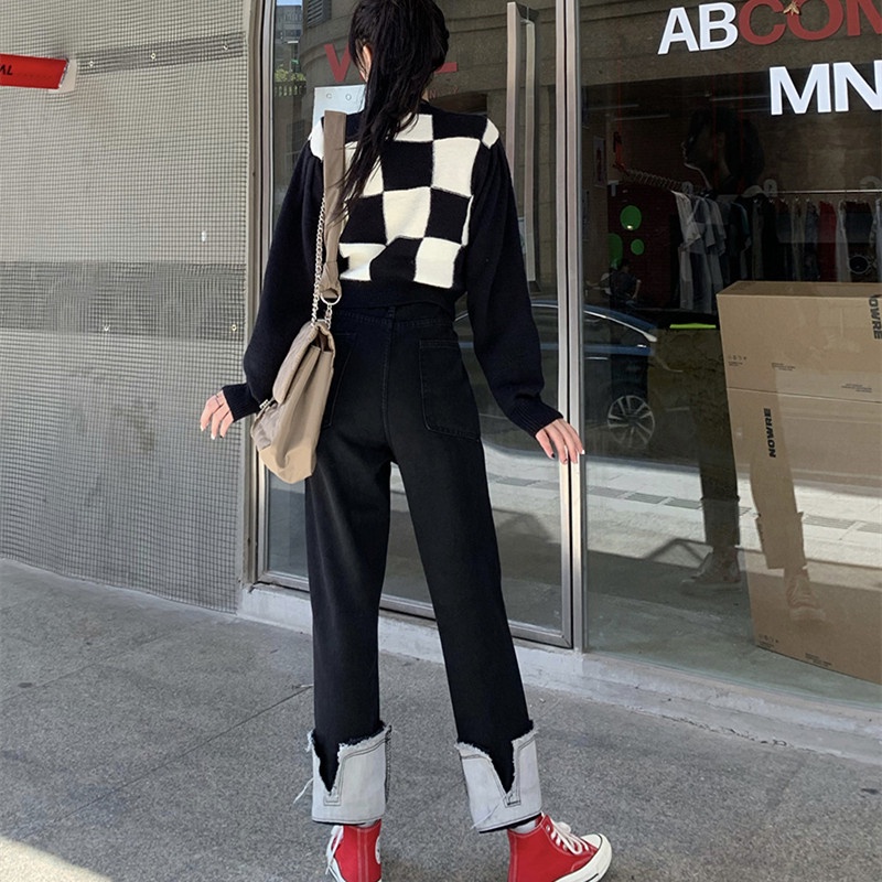 Quần jeans nữ lưng cao ống rộng màu tương phản năng động sành điệu