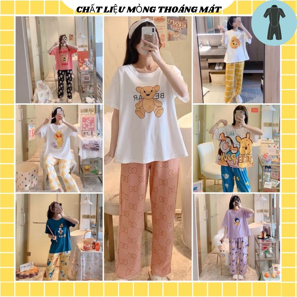 Đồ bộ nữ dài in hình hoạt hình đáng yêu, chất vải mỏng mát dễ mang