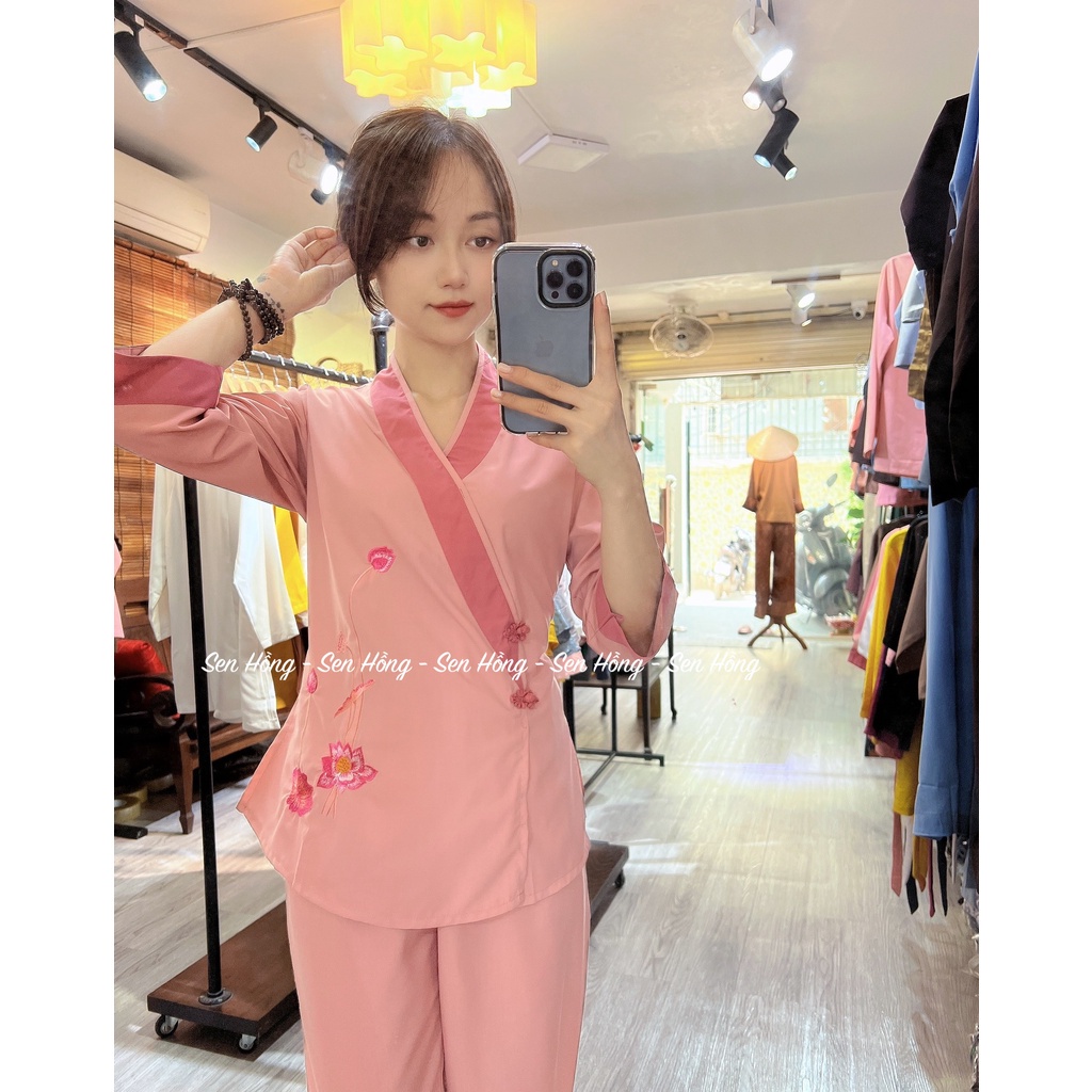 QUẦN ÁO ĐI CHÙA - set Phật tử thêu sen - đồ lam đi lễ nữ vải kate #Sen Hồng mã 030