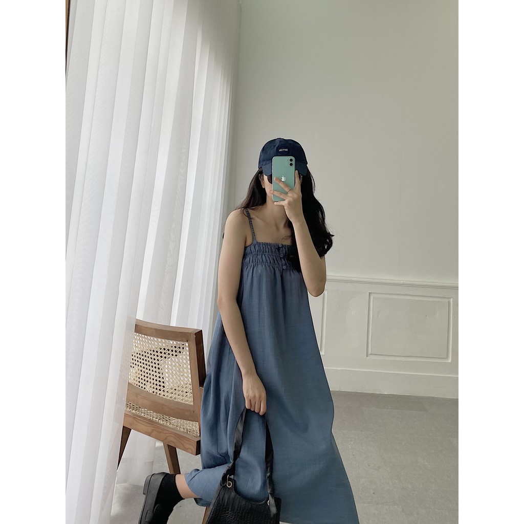 YU CHERRY | Đầm hai dây chất vải cát mịn cách điệu thun ngực Cami Long Dress YD125