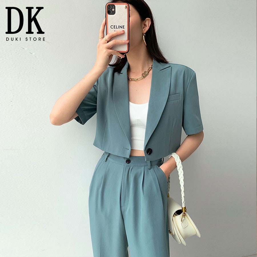 Áo khoác blazer, áo vest blazer nữ dáng lửng màu xanh đá cực xinh - DUKI STORE