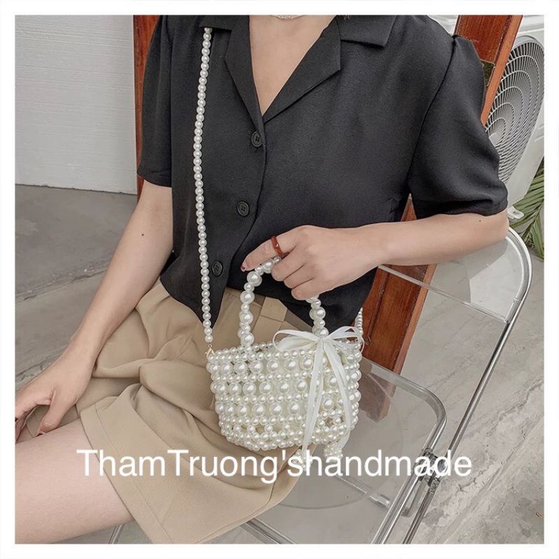 Túi đeo chéo/ xách tay kết hạt cườm giả ngọc trai handmade xinh xẻo