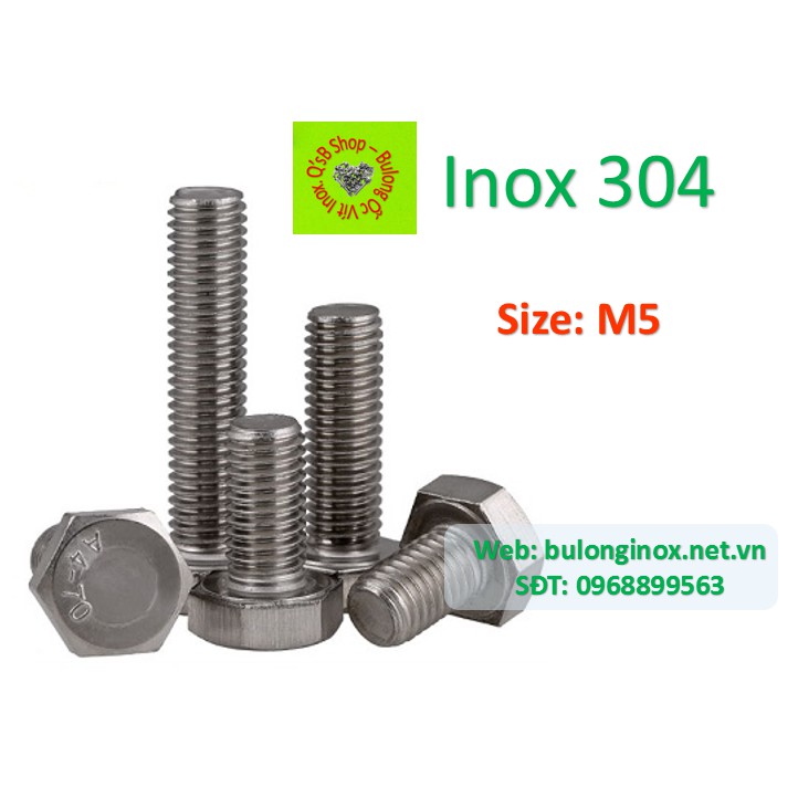 Bulong lục giác ngoài ren suốt size 5, ốc inox , bulong inox, inox 304