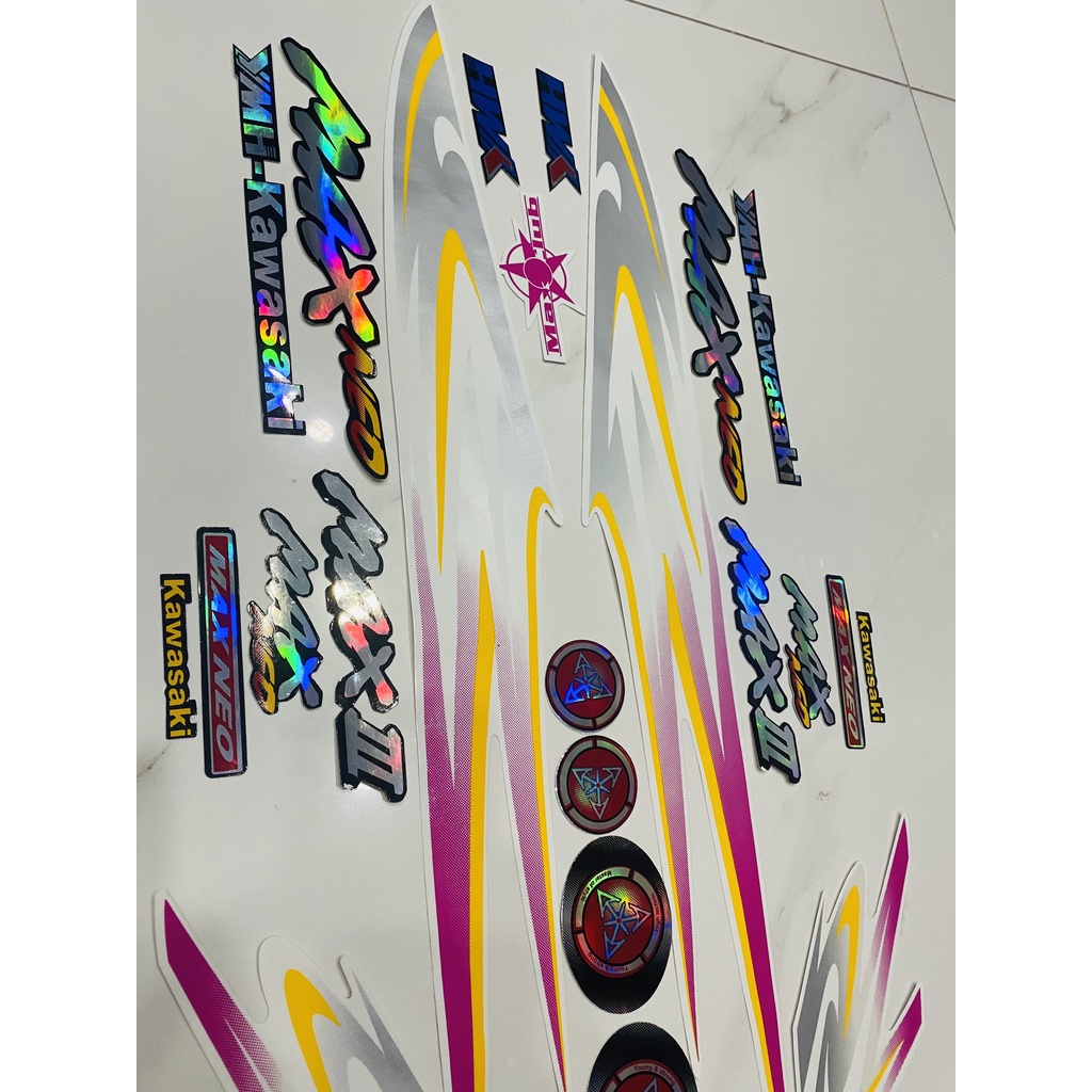 Nguyên bộ tem rời 3 lớp zin thái dán xe máy Kawasaki Max 3 Max III Max neo màu trắng hồng lấp lánh