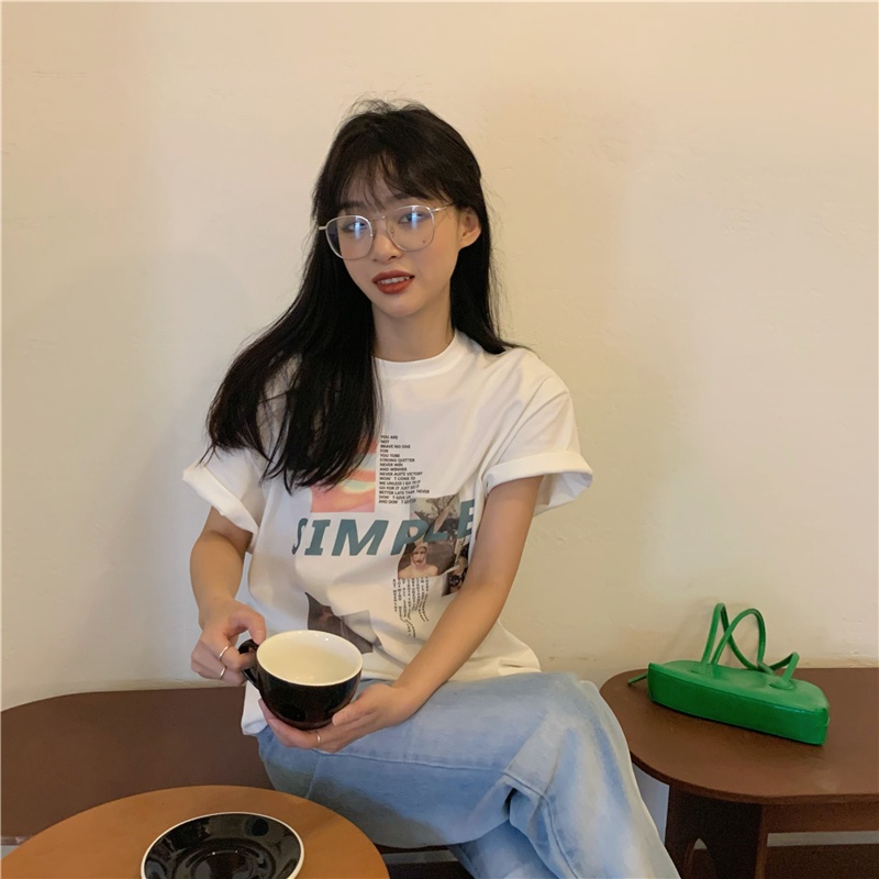 Áo Thun Tay Ngắn Dáng Rộng In Hình Thời Trang Kiểu retro Mỹ Cho Nữ